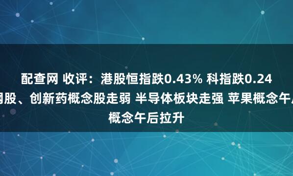 配查网 收评:港股恒指跌0.43% 科指跌0.24% 科网股、创新药概念股走弱 半导体板块走强 苹果概念午后拉升
